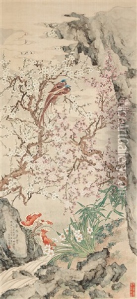 A Painting Of Birds And Flowering Prunus Oil Painting -  Qu Zhaolin