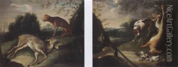 A Hunting Still Life With A Deer And A Dog Oil Painting - Adriaen de Gryef