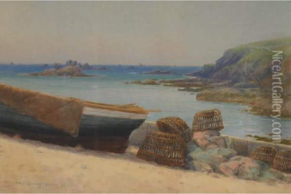 Docked Boat With Baskets Oil Painting - Farquhar Mcgillivr. Knowles