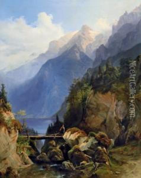 Gebirgslandschaft Mit Holzsteg Uber Einem Wildbach Oil Painting - Anton Hansch