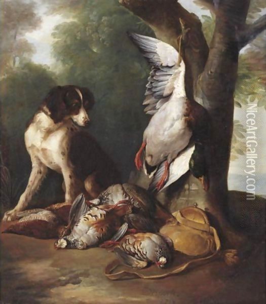 Still Life Of Game Birds And A Dog In A Landscape Oil Painting - Alexandre-Francois Desportes