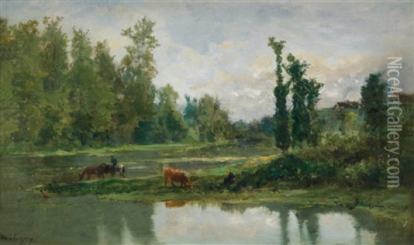Idylle Am Fluss Oil Painting - Charles Francois Daubigny
