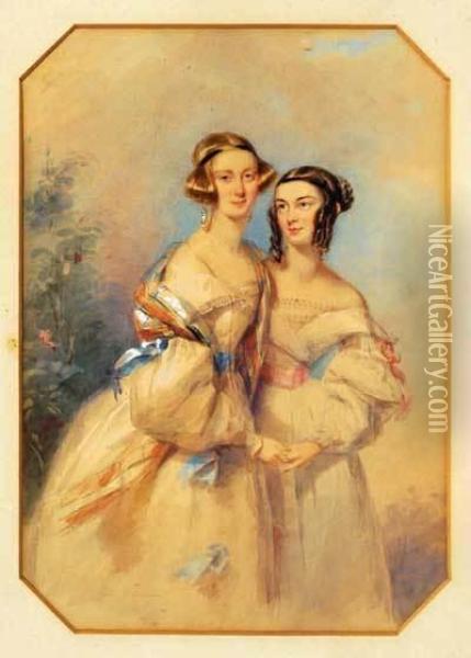 Portrait Of Two Sisters Oil Painting - Francois Theodore Rochard