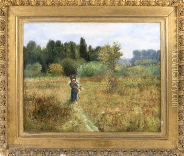 A Young Girl On A Meadow Path Oil Painting - Daniel Santry