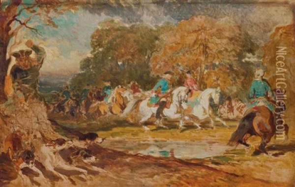 La Chasse Sous Louis Xv (sketch) Oil Painting - Alfred De Dreux