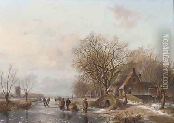 Skaters and a sportsman on the ice, a windmill and koek en zopie beyond Oil Painting - Everardus Benedictus Gregorius Mirani