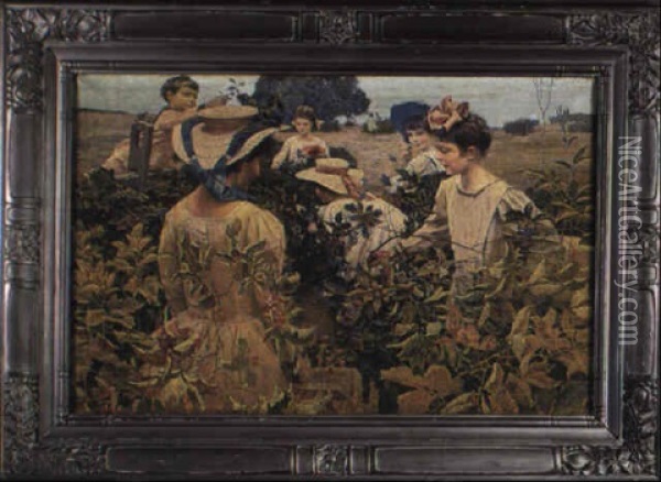 Picking Blackberries: The Blackberry Patch Oil Painting - Harry Mills Walcott