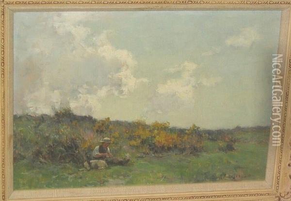 Boy And His Dog Resting In A Field Oil Painting - Adam Edwin Proctor