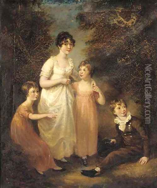 Portrait of four children, small full-length, in a landscape Oil Painting - John Opie