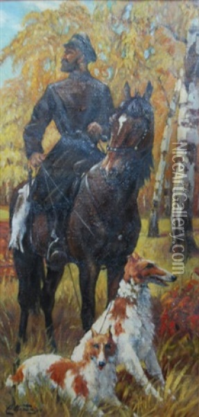 Rider On A Horse With Two Salukis In A Birch Forest Oil Painting - Nikolai Nikolaevich Karazin