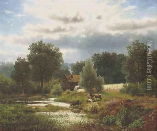 Cattle by a watermill 2 Oil Painting - Herman Herzog