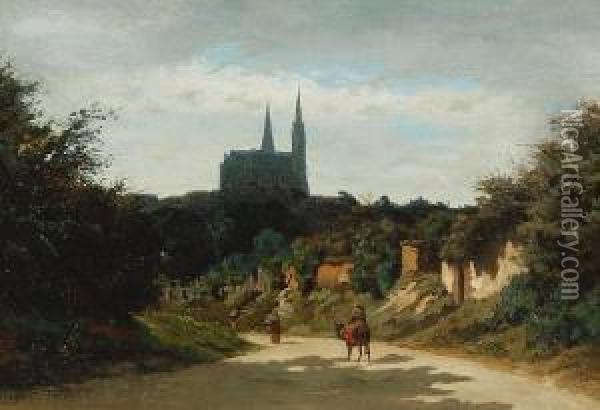 Travellers On A Road Before A Distant Cathedral, Signed, Oil On Canvas Oil Painting - Alexandre Sege