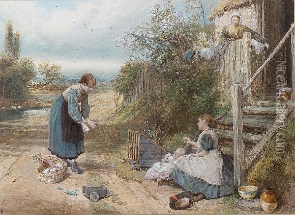 Playing With The Baby Oil Painting - Myles Birket Foster