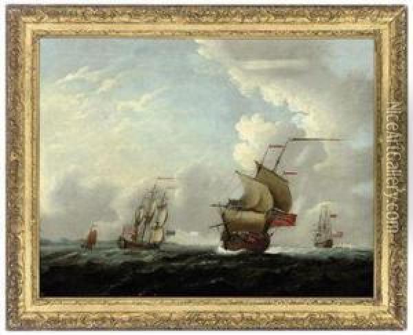 A Squadron Of The Red Offshore In A Stiff Breeze Oil Painting - Francis Swaine