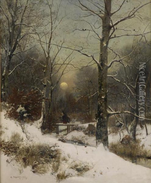 Winterlandschaft Mit Reisigsammlerin. Oil Painting - Adolf Gustav Schweitzer