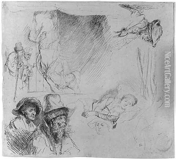 A Sheet of Studies, with a Woman Lying ill in Bed, etc. Oil Painting - Rembrandt Van Rijn