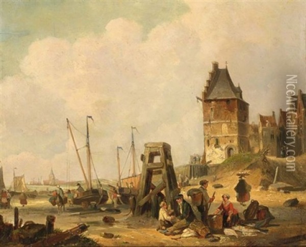 Fisherfolk In A Village, Zeeland Oil Painting - Joseph Jodocus Moerenhout