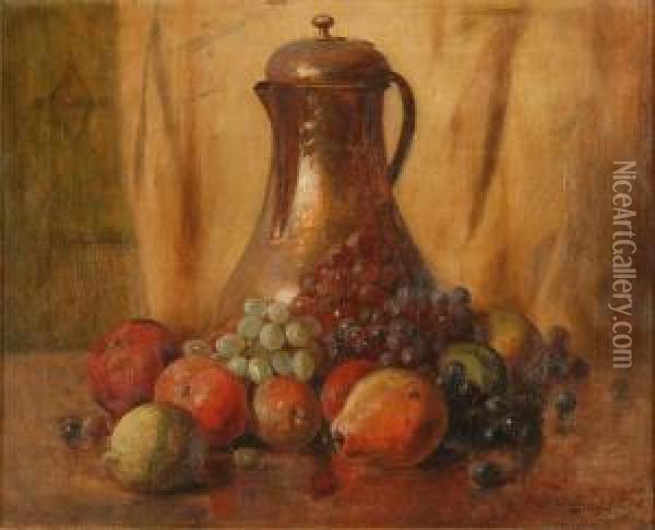 Still Life With Copper Carafe And Fruit Oil Painting - Lemuel D. Eldred