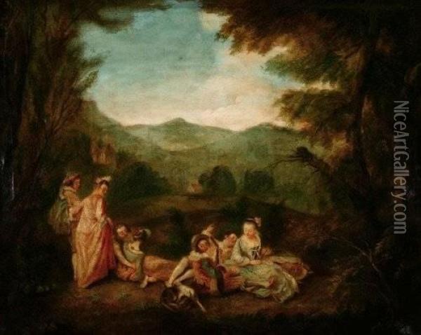 A Graden Gathering Oil Painting - Watteau, Jean Antoine