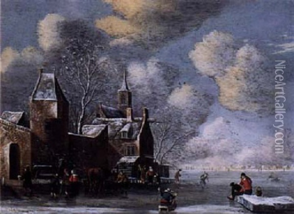 A Winter Landscape With Figures Near City Walls, A Church Tower Beyond Oil Painting - Balthasar Van Der Veen
