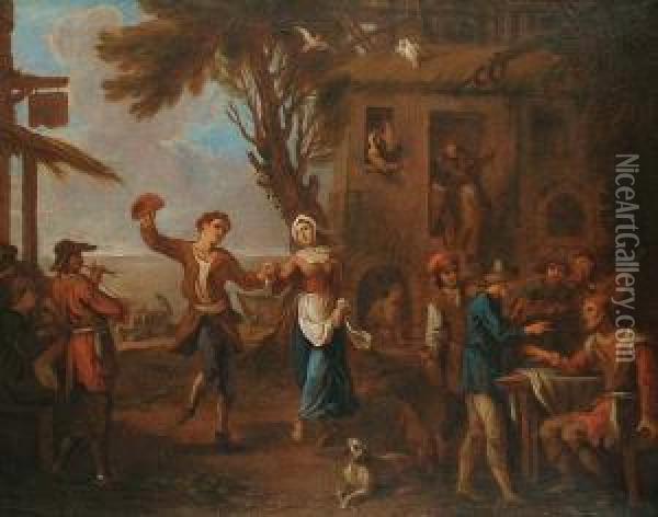 A Village With Peasants Dancing And Merry-making Outside An Inn Oil Painting - Cornelis de Wael