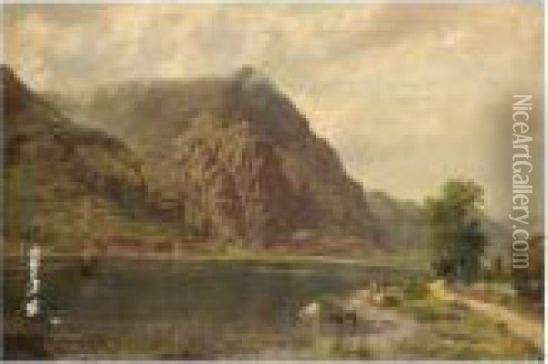 Cattle Watering In A Mountainous Landscape Oil Painting - Sidney Richard Percy