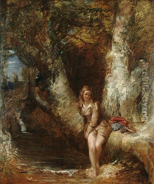 A Girl Seated Beside A Woodland Pool Oil Painting - Alfred Joseph Woolmer