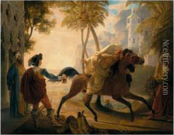 A Coastal Landscape With A Cavalier Purchasing An Arab Stallion Oil Painting - Pierre Nolasque Bergeret
