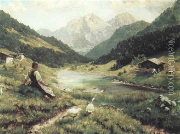 Ganseliesl Im Gebirgstal Oil Painting - Emil Rau
