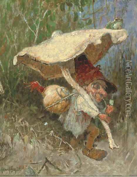 A travelling gnome with his toadstool Oil Painting - Heinrich Schlitt