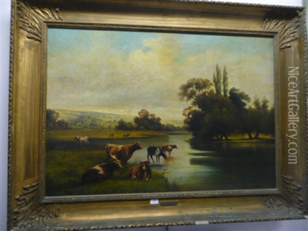 Vaches Au Bord D'une Riviere Oil Painting - Adrien Rousseau