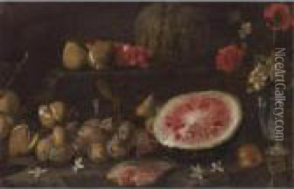 Still Life With Plums, Passionfruit, Cherries, Watermelon And A Vase Of Flowers Oil Painting - Giovan Battista Ruoppolo