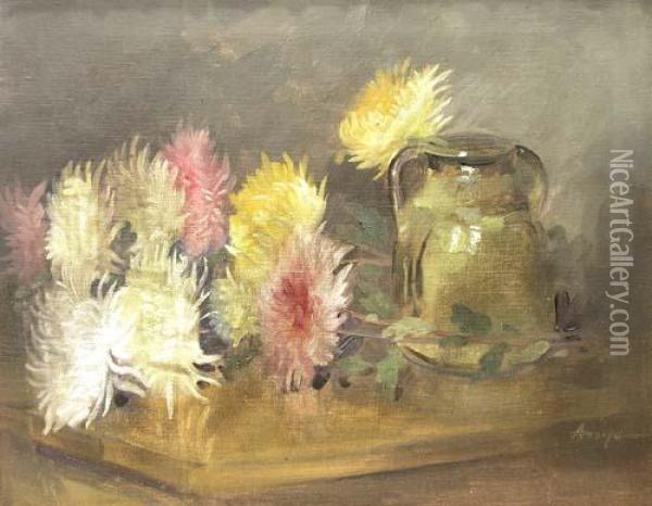 Chrysanthema And Pot Oil Painting - Nicolae Angelescu