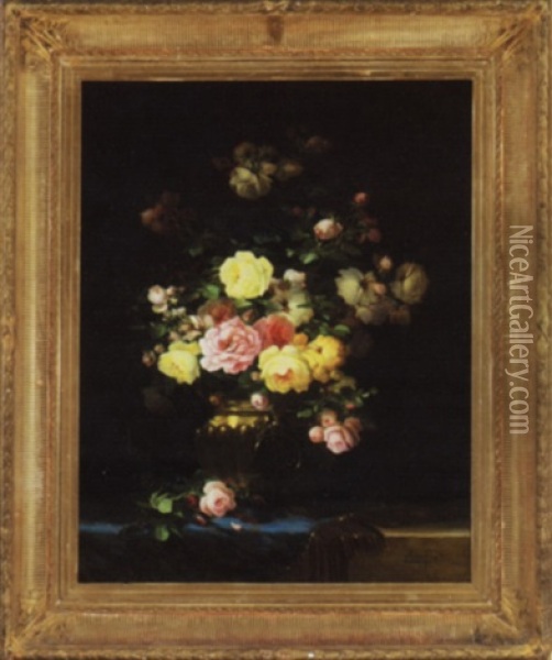 Bouquet Of Roses In A Brass Pot Oil Painting - Aime Perret