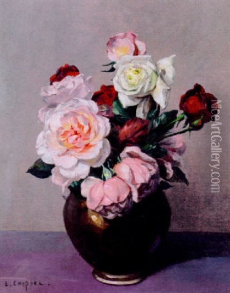 Still Life Of Roses In A Vase Oil Painting - Edouard Chappel