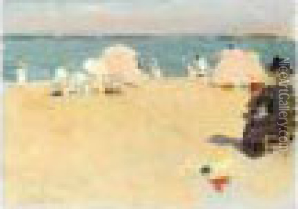 En La Playa, Biarritz (on The Beach, Biarritz) Oil Painting - Joaquin Sorolla Y Bastida