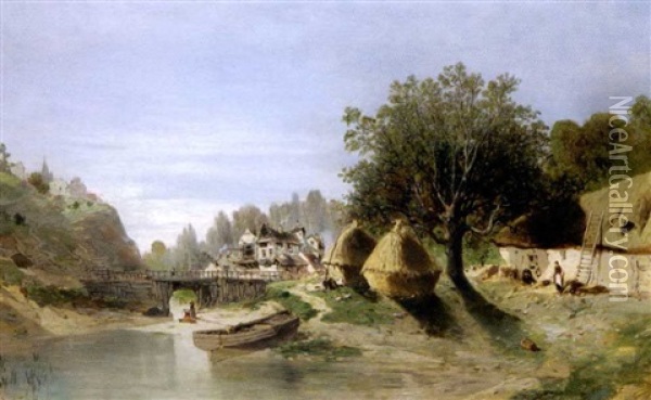 Village Au Bord De L'eau Oil Painting - Eugene F. A. Deshayes