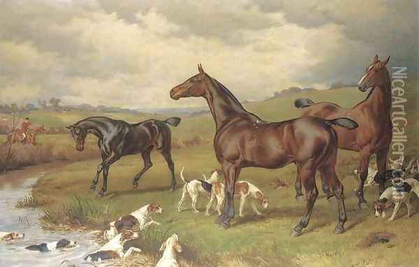 A hunting scene, with horses and hounds in the foreground, and a hunt beyond Oil Painting - William H. Hopkins
