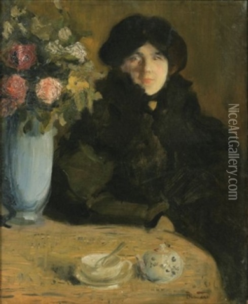 Portrait De Femme Au Vase De Fleurs Oil Painting - Albert Besnard