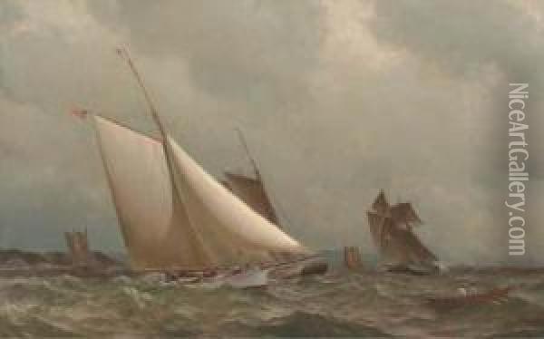 A New York Yacht Club Cutter Racing Off A Coast Oil Painting - Archibald Cary Smith