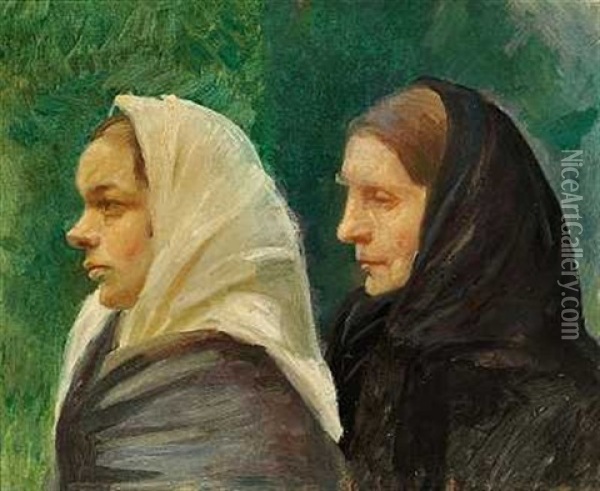 To Siddende Unge Piger (study For Et Missions Mode) Oil Painting - Anna Kirstine Ancher