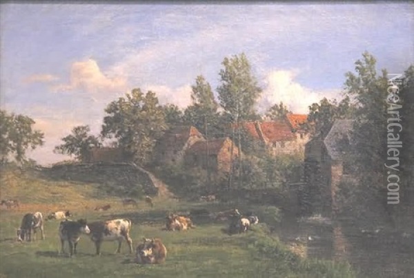 Cows Grazing By The River Oil Painting - Carl Seibels