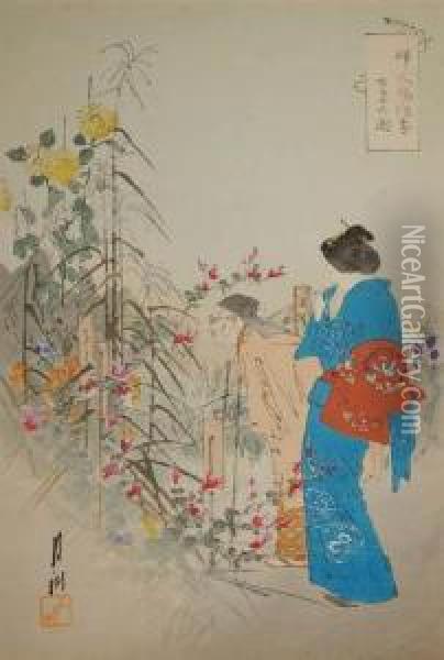 Kobieta Podziwiajaca Jesienne Kwiaty Oil Painting - Ogata Gekko