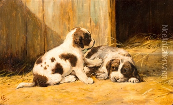Twee St. Bernard Puppies Oil Painting - Otto Eerelman