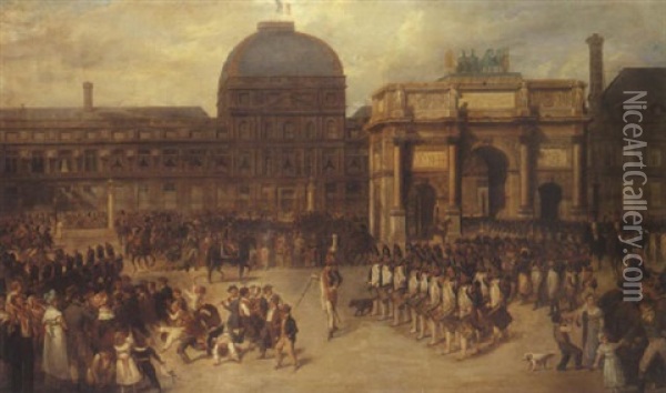 Un Jour De Revue Dans La Cour Du Carrousel En 1810 Oil Painting - Hippolyte Bellange