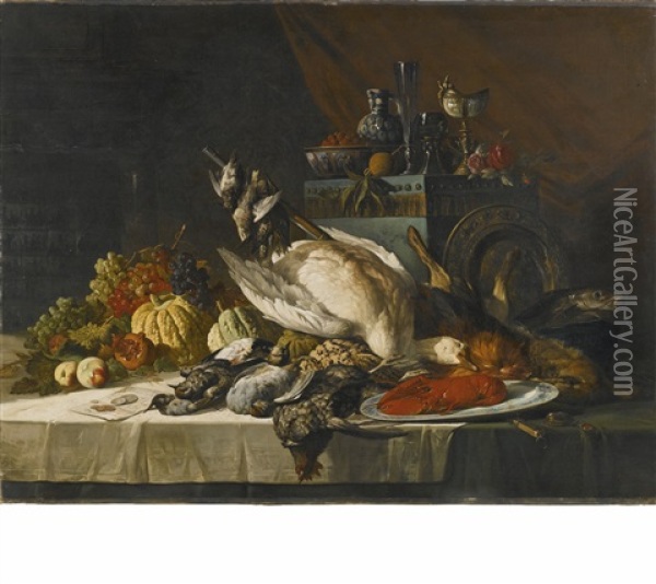 Still-life With Vegetables, Fruit, Fish And Game Oil Painting - Lucas Victor Schaefels
