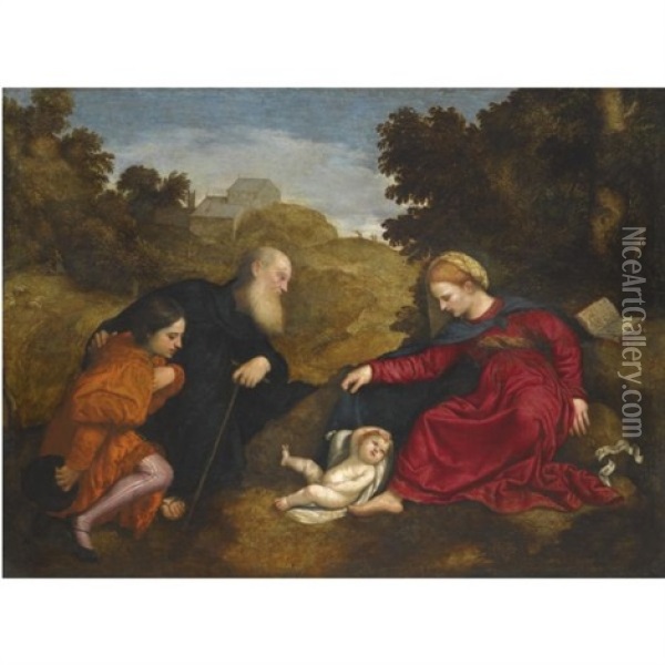 Madonna And Child With St. Anthony Abbot And A Young Male Donor Oil Painting - Paris Bordone