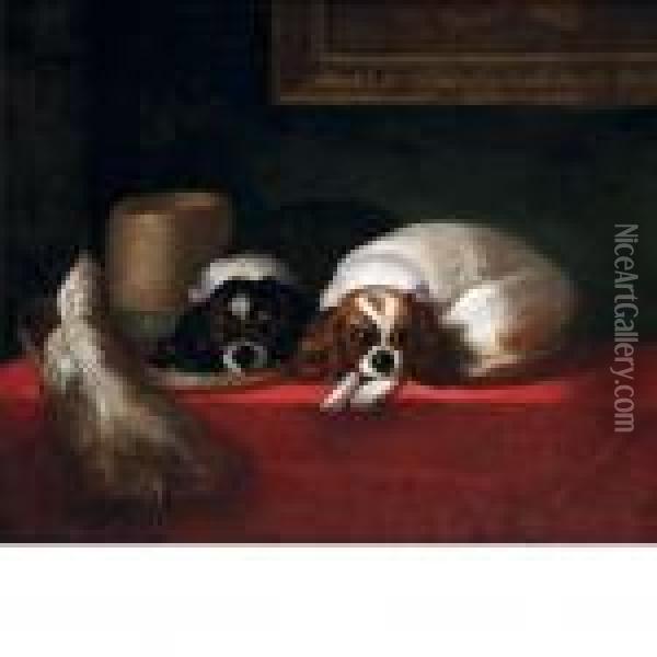 Two Cavalier King Charles Spaniels Beside A Feathered Hat Oil Painting - Landseer, Sir Edwin