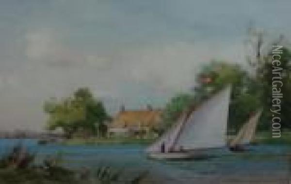 Figures Sailing On A Norfolk Broad Oil Painting - John Fraser