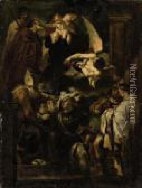 Saint William Of Aquitaine Receiving The Cowl From Saint Benedict Oil Painting - Guercino